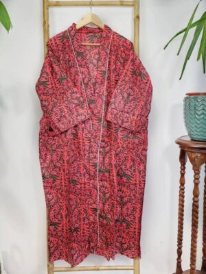 Pure Cotton Indian Block printed House Robe Summer Kimono | Floral Beach Coverup/Comfy Maternity Mom | Deep Rose Orange Green Mughal Leaves - Image 3