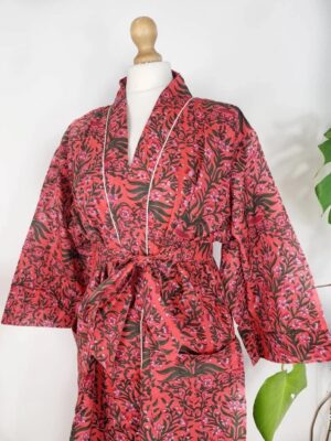 Pure Cotton Indian Block printed House Robe Summer Kimono | Floral Beach Coverup/Comfy Maternity Mom | Deep Rose Orange Green Mughal Leaves - Image 4