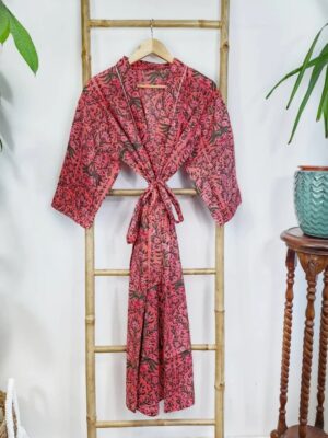 Pure Cotton Indian Block printed House Robe Summer Kimono | Floral Beach Coverup/Comfy Maternity Mom | Deep Rose Orange Green Mughal Leaves - Image 5