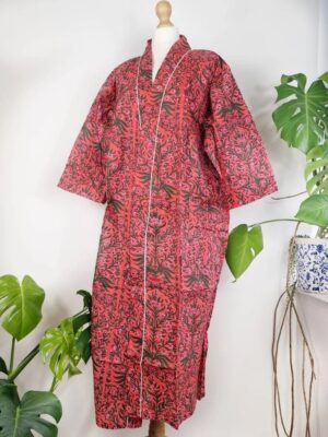 Pure Cotton Indian Block printed House Robe Summer Kimono | Floral Beach Coverup/Comfy Maternity Mom | Deep Rose Orange Green Mughal Leaves - Image 6