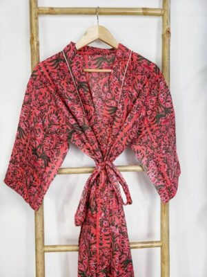 Pure Cotton Indian Block printed House Robe Summer Kimono | Floral Beach Coverup/Comfy Maternity Mom | Deep Rose Orange Green Mughal Leaves - Image 7