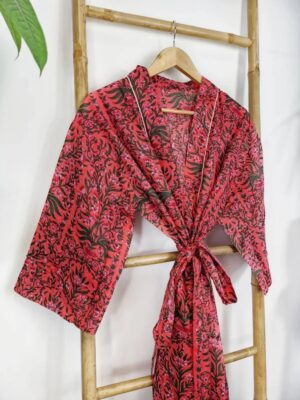 Pure Cotton Indian Block printed House Robe Summer Kimono | Floral Beach Coverup/Comfy Maternity Mom | Deep Rose Orange Green Mughal Leaves - Image 8