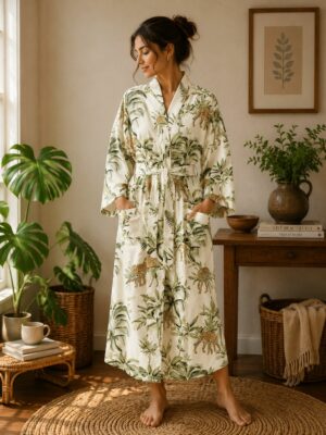 Pure Cotton Indian Block printed House Robe Summer Kimono | Floral Coverup/Comfy Maternity Off White Green Safari Leopard Giraffe Jungle