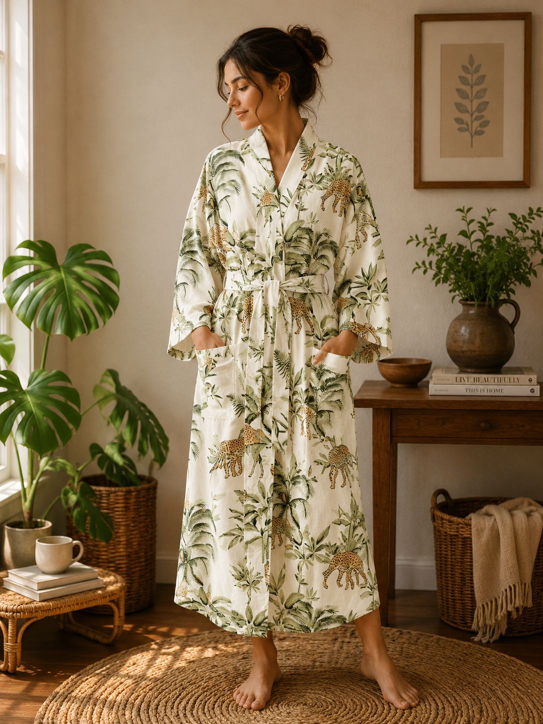 Pure Cotton Indian Block printed House Robe Summer Kimono | Floral Coverup/Comfy Maternity Off White Green Safari Leopard Giraffe Jungle