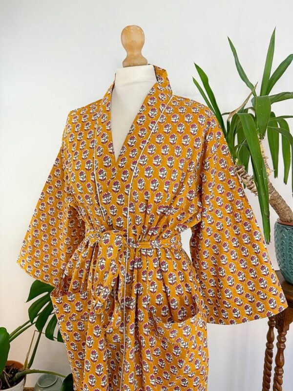 Pure Cotton Indian Block printed House Robe Summer Kimono | Floral Beach Coverup/Comfy Maternity Mom Spring Mustard Pink Mini Motif Garden