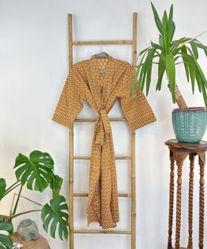 Pure Cotton Indian Block printed House Robe Summer Kimono | Floral Beach Coverup/Comfy Maternity Mom Spring Mustard Pink Mini Motif Garden - Image 2