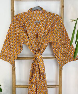 Pure Cotton Indian Block printed House Robe Summer Kimono | Floral Beach Coverup/Comfy Maternity Mom Spring Mustard Pink Mini Motif Garden - Image 3