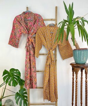 Pure Cotton Indian Block printed House Robe Summer Kimono | Floral Beach Coverup/Comfy Maternity Mom Spring Mustard Pink Mini Motif Garden - Image 4