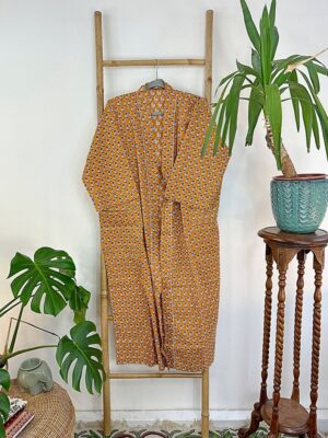 Pure Cotton Indian Block printed House Robe Summer Kimono | Floral Beach Coverup/Comfy Maternity Mom Spring Mustard Pink Mini Motif Garden - Image 5