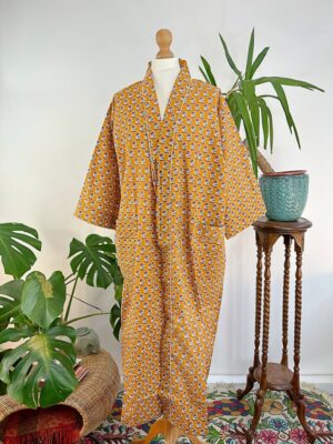 Pure Cotton Indian Block printed House Robe Summer Kimono | Floral Beach Coverup/Comfy Maternity Mom Spring Mustard Pink Mini Motif Garden - Image 6