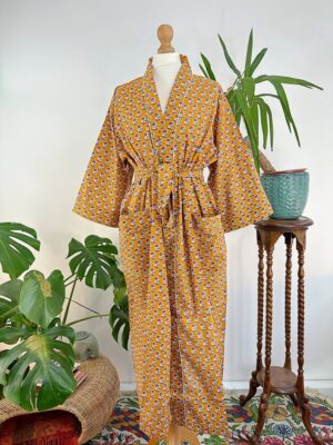 Pure Cotton Indian Block printed House Robe Summer Kimono | Floral Beach Coverup/Comfy Maternity Mom Spring Mustard Pink Mini Motif Garden - Image 7