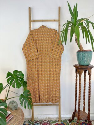 Pure Cotton Indian Block printed House Robe Summer Kimono | Floral Beach Coverup/Comfy Maternity Mom Spring Mustard Pink Mini Motif Garden - Image 8
