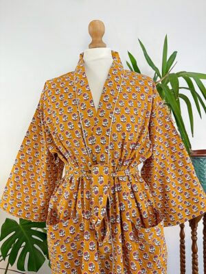 Pure Cotton Indian Block printed House Robe Summer Kimono | Floral Beach Coverup/Comfy Maternity Mom Spring Mustard Pink Mini Motif Garden - Image 9