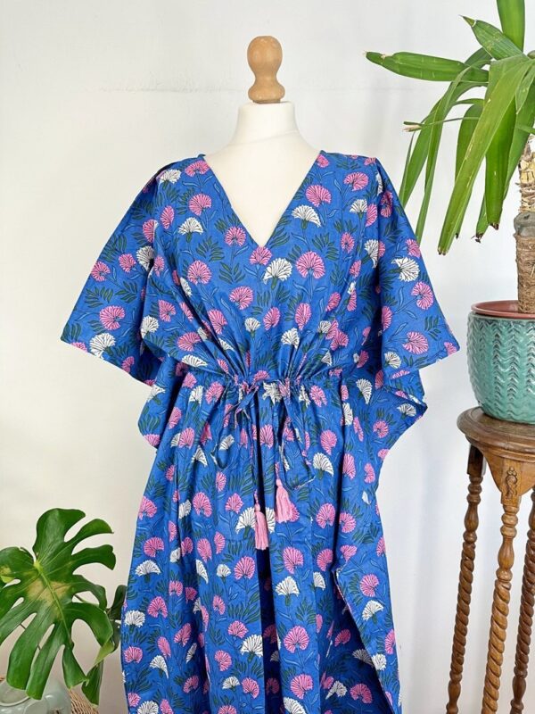 Pure Cotton Kaftan Long Dress Indian Blockprint Summer Kimono Floral Beach Coverup Comfy Maternity Blue Pink White Paradise Bloom