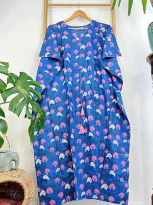 Pure Cotton Kaftan Long Dress Indian Blockprint Summer Kimono Floral Beach Coverup Comfy Maternity Blue Pink White Paradise Bloom - Image 2