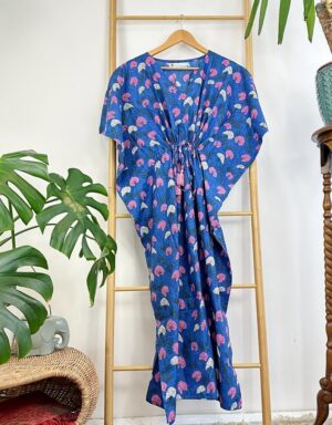 Pure Cotton Kaftan Long Dress Indian Blockprint Summer Kimono Floral Beach Coverup Comfy Maternity Blue Pink White Paradise Bloom - Image 3