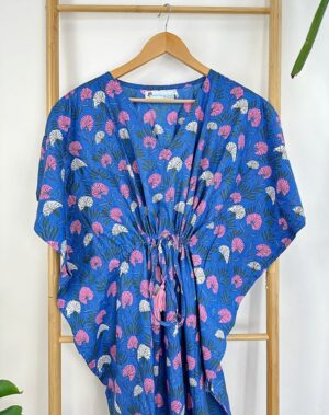 Pure Cotton Kaftan Long Dress Indian Blockprint Summer Kimono Floral Beach Coverup Comfy Maternity Blue Pink White Paradise Bloom - Image 4