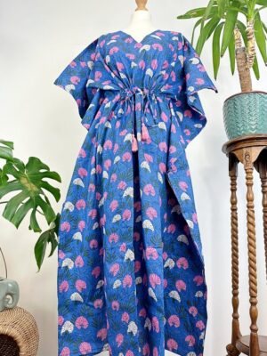 Pure Cotton Kaftan Long Dress Indian Blockprint Summer Kimono Floral Beach Coverup Comfy Maternity Blue Pink White Paradise Bloom - Image 5