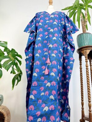 Pure Cotton Kaftan Long Dress Indian Blockprint Summer Kimono Floral Beach Coverup Comfy Maternity Blue Pink White Paradise Bloom - Image 6