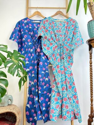Pure Cotton Kaftan Long Dress Indian Blockprint Summer Kimono Floral Beach Coverup Comfy Maternity Blue Pink White Paradise Bloom - Image 7