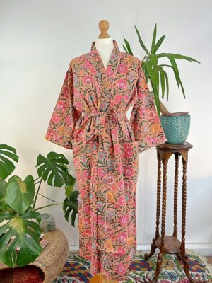 Pure Cotton Indian Block printed House Robe Summer Kimono | Floral Beach Coverup/Comfy Maternity Mom | Rose Peach Pink Gardenia Blossom - Image 7