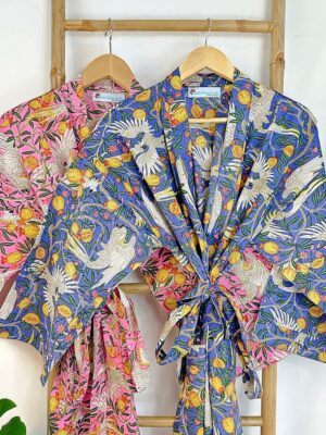Pure Cotton House Dressing Robe Spa Kimono Beach Coverup/Comfy Couple Set His Her Gift | Newly Wed Quirky Bohemian Exotic Love Bird Fruit - Image 2