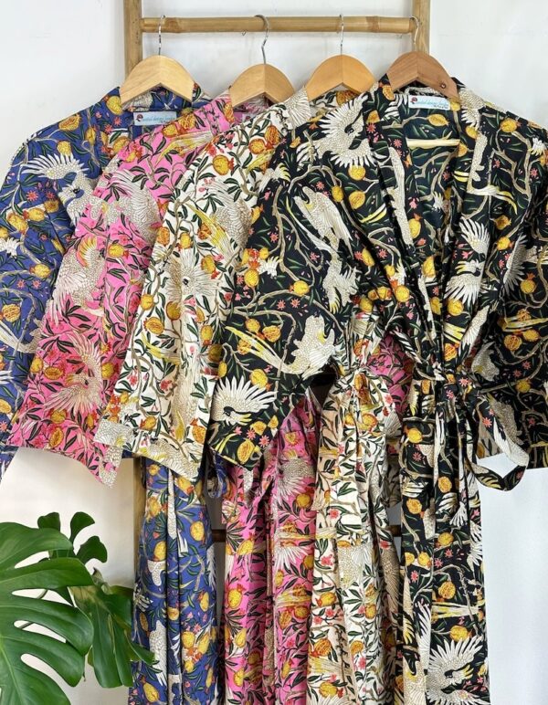 Set of Four Bridesmaid Cotton Kimono Dressing House Boho Robe Gown | Coverup | Summer Wedding Team Beach Bride | Black Blue Pink White Bird