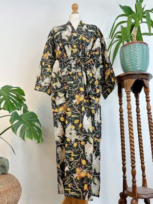 Set of Four Bridesmaid Cotton Kimono Dressing House Boho Robe Gown | Coverup | Summer Wedding Team Beach Bride | Black Blue Pink White Bird - Image 4