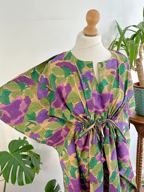 Pure Cotton Kaftan Dress Indian Handblock print Summer Floral Beach Coverup/Comfy Spring Forest Green Leaf Olive Purple Dream Hues