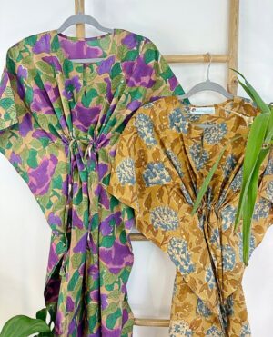 Pure Cotton Kaftan Dress Indian Handblock print Summer Floral Beach Coverup/Comfy Spring Forest Green Leaf Olive Purple Dream Hues - Image 2