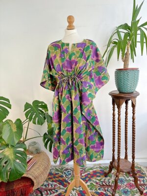 Pure Cotton Kaftan Dress Indian Handblock print Summer Floral Beach Coverup/Comfy Spring Forest Green Leaf Olive Purple Dream Hues - Image 3