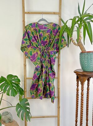Pure Cotton Kaftan Dress Indian Handblock print Summer Floral Beach Coverup/Comfy Spring Forest Green Leaf Olive Purple Dream Hues - Image 4
