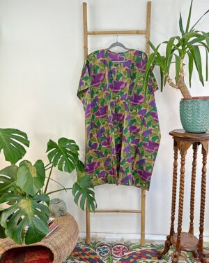 Pure Cotton Kaftan Dress Indian Handblock print Summer Floral Beach Coverup/Comfy Spring Forest Green Leaf Olive Purple Dream Hues - Image 5