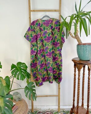 Pure Cotton Kaftan Dress Indian Handblock print Summer Floral Beach Coverup/Comfy Spring Forest Green Leaf Olive Purple Dream Hues - Image 6