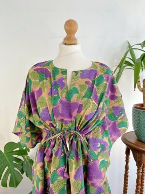 Pure Cotton Kaftan Dress Indian Handblock print Summer Floral Beach Coverup/Comfy Spring Forest Green Leaf Olive Purple Dream Hues - Image 7