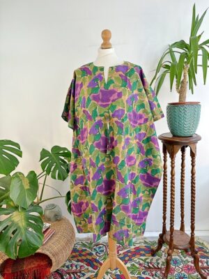 Pure Cotton Kaftan Dress Indian Handblock print Summer Floral Beach Coverup/Comfy Spring Forest Green Leaf Olive Purple Dream Hues - Image 8