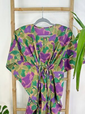 Pure Cotton Kaftan Dress Indian Handblock print Summer Floral Beach Coverup/Comfy Spring Forest Green Leaf Olive Purple Dream Hues - Image 9