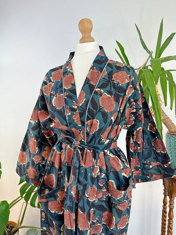 Pure Cotton Indian Block printed House Robe Summer Kimono | Floral Beach Coverup/Comfy Maternity Mom | Midnight Teal Dark Love Rust Blossom