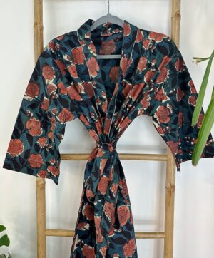 Pure Cotton Indian Block printed House Robe Summer Kimono | Floral Beach Coverup/Comfy Maternity Mom | Midnight Teal Dark Love Rust Blossom - Image 2