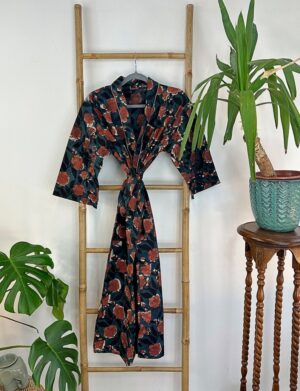 Pure Cotton Indian Block printed House Robe Summer Kimono | Floral Beach Coverup/Comfy Maternity Mom | Midnight Teal Dark Love Rust Blossom - Image 3