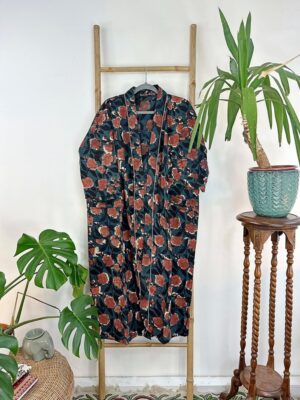 Pure Cotton Indian Block printed House Robe Summer Kimono | Floral Beach Coverup/Comfy Maternity Mom | Midnight Teal Dark Love Rust Blossom - Image 4
