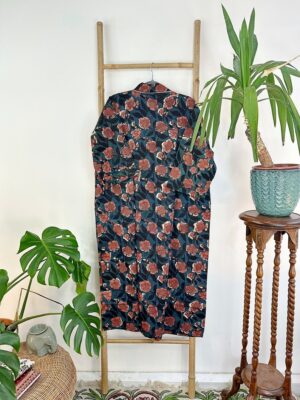 Pure Cotton Indian Block printed House Robe Summer Kimono | Floral Beach Coverup/Comfy Maternity Mom | Midnight Teal Dark Love Rust Blossom - Image 5