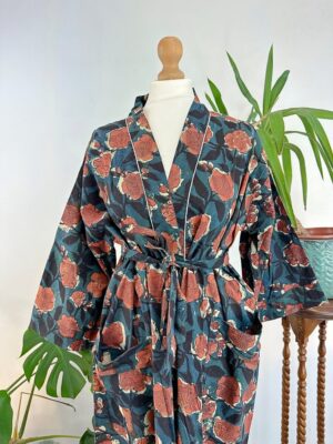 Pure Cotton Indian Block printed House Robe Summer Kimono | Floral Beach Coverup/Comfy Maternity Mom | Midnight Teal Dark Love Rust Blossom - Image 6