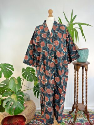 Pure Cotton Indian Block printed House Robe Summer Kimono | Floral Beach Coverup/Comfy Maternity Mom | Midnight Teal Dark Love Rust Blossom - Image 7