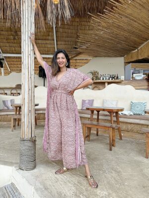 Overall Onesie Jumpsuit Summer Bohemian Flowy Summer Elegant Wedding High Tea Daywear Beach Casual Girly Chic Boho Cream Dusty Rose Paisley - Image 2