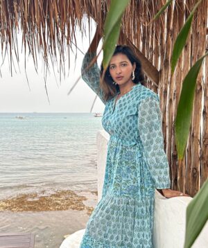 Pure Cotton Long Maxi Dress Indian Block Print Colourful Summer Earthy Elegant Comfy Daywear Beach Outfit Ocean Blue Turquoise - Image 3
