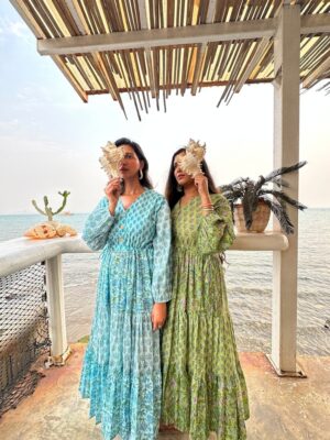 Pure Cotton Long Maxi Dress Indian Block Print Colourful Summer Earthy Elegant Comfy Daywear Beach Outfit Ocean Blue Turquoise - Image 5