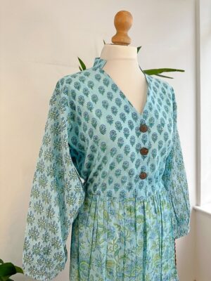 Pure Cotton Long Maxi Dress Indian Block Print Colourful Summer Earthy Elegant Comfy Daywear Beach Outfit Ocean Blue Turquoise - Image 8