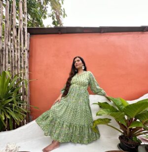 Pure Cotton Long Maxi Dress Indian Block Print Colourful Summer Earthy Elegant Comfy Daywear Beach Outfit Green Dream Floral Vacation - Image 2