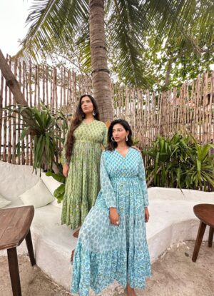 Pure Cotton Long Maxi Dress Indian Block Print Colourful Summer Earthy Elegant Comfy Daywear Beach Outfit Green Dream Floral Vacation - Image 4